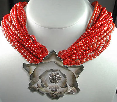 Statement 22 Strand Coral Necklace  Huge Thai Silver Flower Mother of Bride