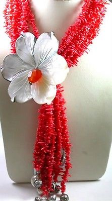Statement 8 Strand Coral Necklace Huge MOP Flower tassle  Mother of Bride