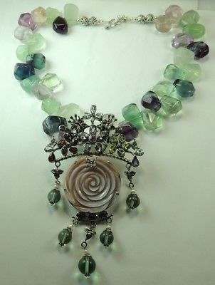 Statement Fluorite Necklace &  MOP  Flower  Multi-Gems Sterling Mother of Bride