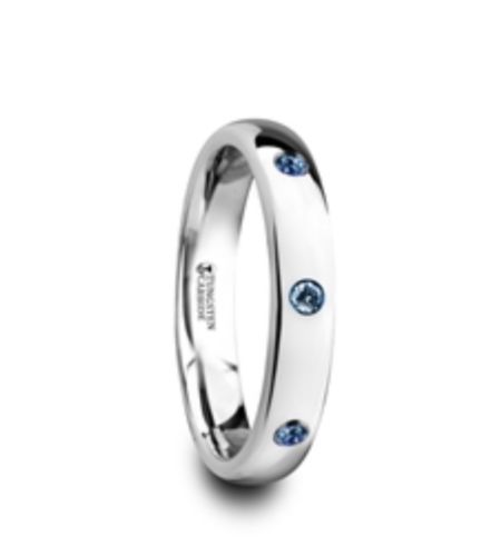 Polished Rounded Tungsten Wedding Ring w/3 Blue Sapphires 4mm Sizes 2.5 to 12
