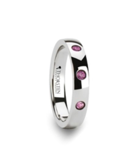 Polished Rounded Tungsten Wedding Ring w/3 Pink Sapphires 4mm Sizes 3.5 to 9.5