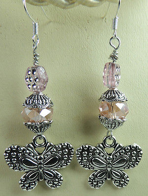 earrings with Butterflies & Pink Crystal Wedding Bridesmaid