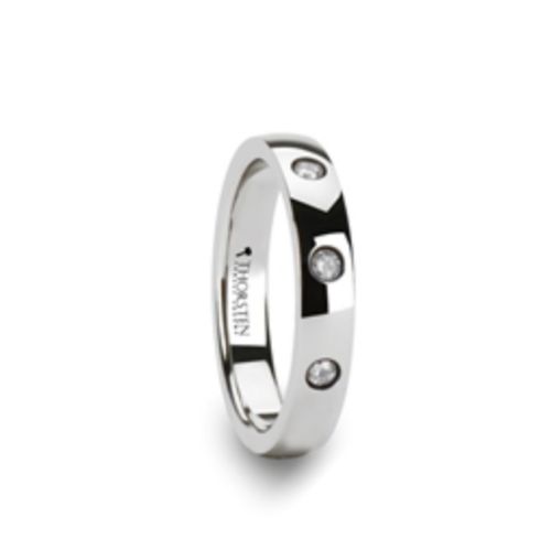 Polished Rounded Tungsten Wedding Ring with 3 Diamonds 4mm Sizes 3.5 to 9.5