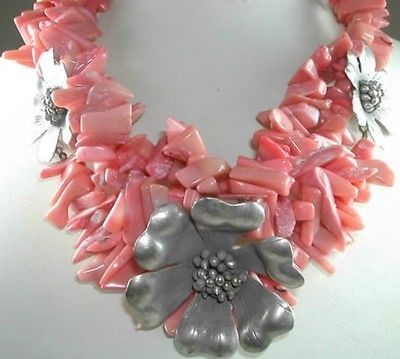 Statement Coral Necklace with 3 Thai Silver Flowers Wedding Mother of Bride