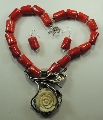 Statement Coral Necklace  Carved Buffalo Bone Rose Earring Set Mother of Bride