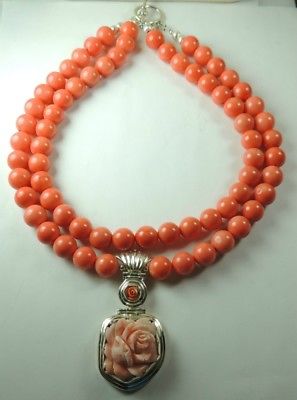 Statement 2 Strand Coral 12mm Necklace & Carved Drop/Dangle Coral Rose Wedding