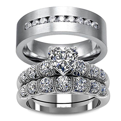 LOVERSRING Couple Ring Bridal Set His Hers White Gold Plated CZ Stainless Steel