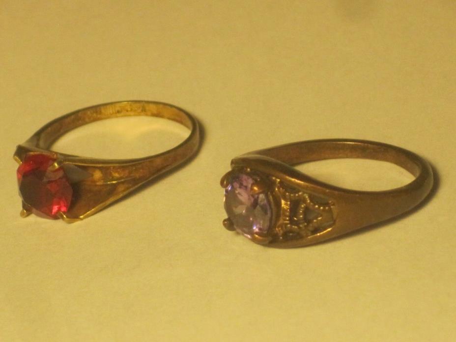 2 vintage rings jewelry copper purple red faceted Karatclad 18K HGE + ornate