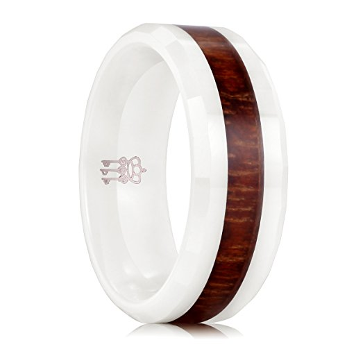 Three Keys Jewelry 8mm White Ceramic Wedding Ring with Koa Wood Inlay Men's Band