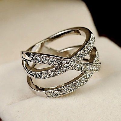 White Gold gp Lab Diamond Wedding Party Anniversary Wide Cross Band Ring Size 6
