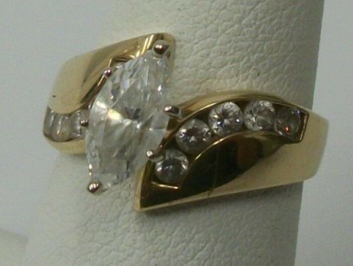 QVC Diamonique DQ CZ 14K Yellow Gold Marquise Solitaire Ring Channel Sides Sz 6