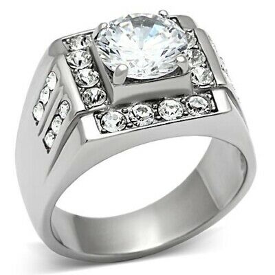 Mens Stainless Steel Cubic Zirconia Cluster Wedding  Ring Size 9