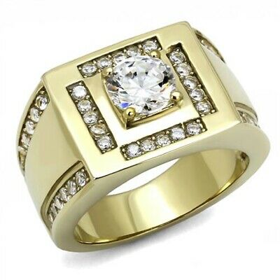 Mens Stainless Steel Gold IP Cubic Zirconia Wedding  Ring Size 12