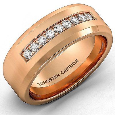 Mens Wedding Band 8mmTungsten Ring Brilliant CZ Polished Rose Gold Trillion