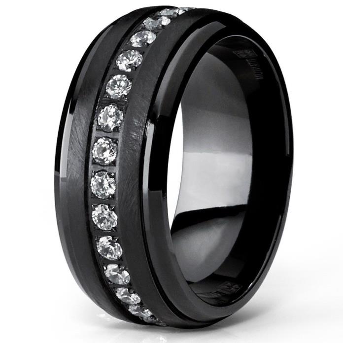 Men's Eternity Wedding Band Black Titanium CZ  9mm Ring NEW*