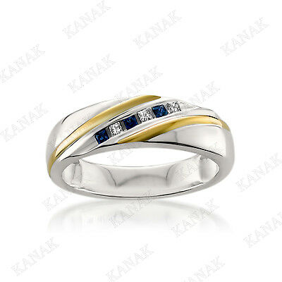 9K Two Tone Gold Princess Cut Cubic Zirconia & Sapphire Men's Wedding Band Ring