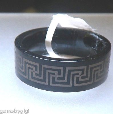 Mens Titanium Greek Key Design Black Wedding Band Ring