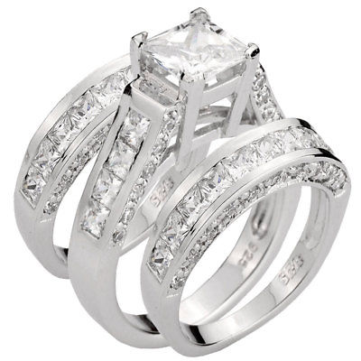 4.8CT Sterling Silver 925 Princess Cut CZ Cubic Zirconia Women's Sets Ring