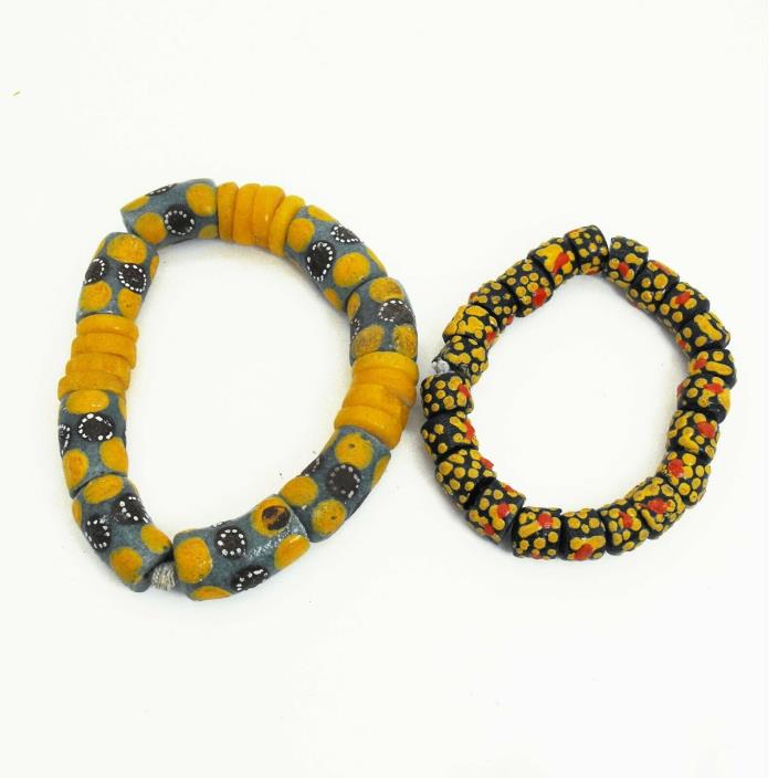 African Venetian Millefiore Trade Beads Stretch Bracelets Yellow Blue Black
