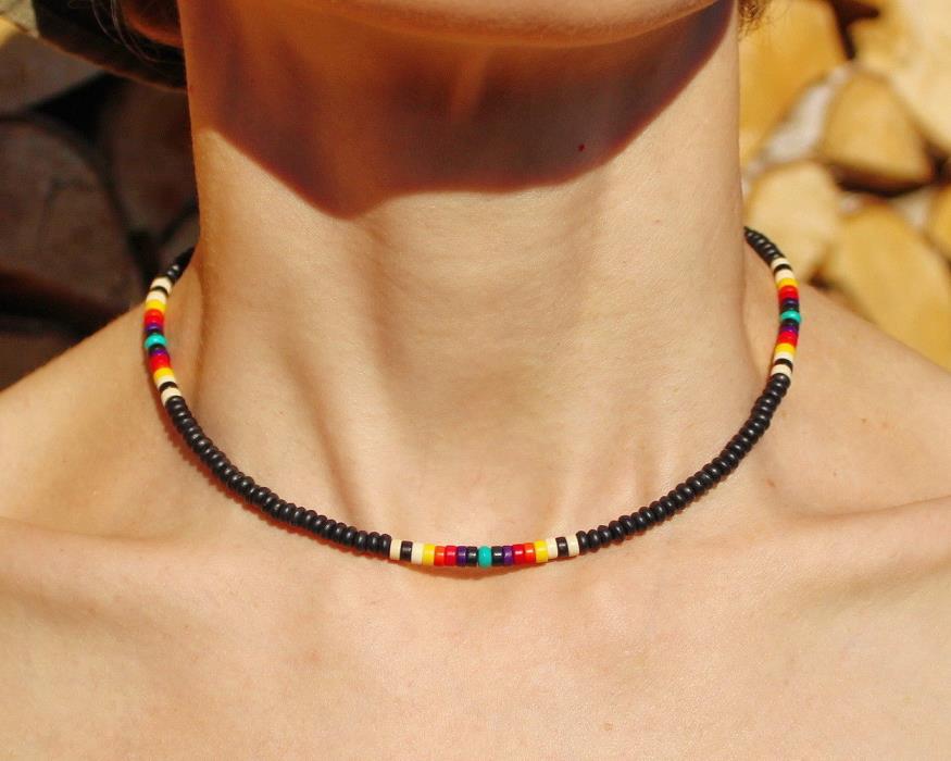 Native American Indian Style Mens Womens Choker, 4mm Black Beads Hippie Necklace