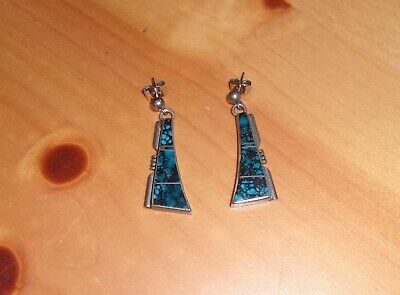 VINTAGE ZUNI STERLING SILVER TURQUOISE JET? CHANNEL INLAY EARRINGS DANGLE ESTATE