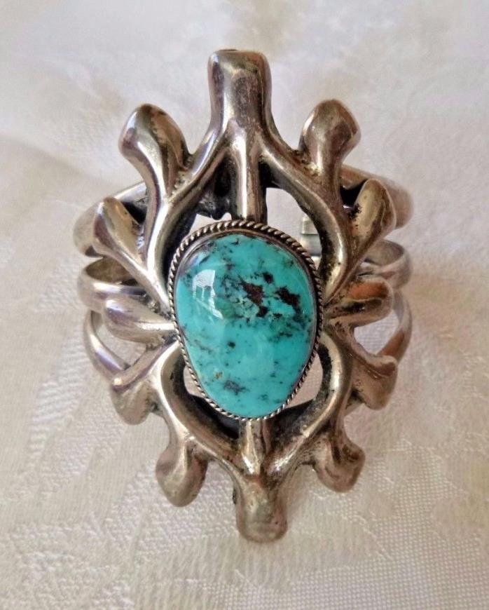 Heavy Navajo Sand-Cast Sterling Silver Cuff Bracelet Natural Turquoise 95. Grams
