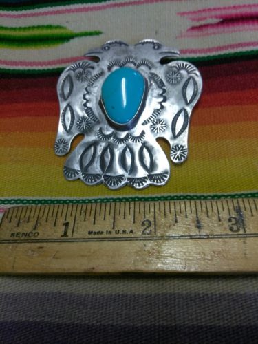 Vintage Sterling Navajo Pin Fred Harvey Thunderbird Huge Awesome Look, Turquoise