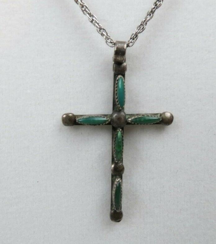 Vintage Navajo Sterling Silver Petitpoint GreenTurquoise Cross Necklace