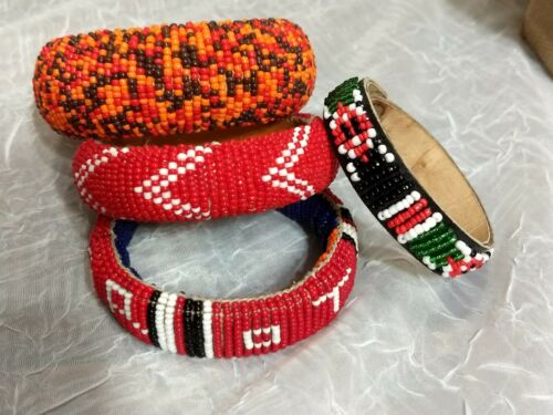 Vtg Hand Made Native Seed Bead Bangle Bracelets Tribal Trading Post Souvenir