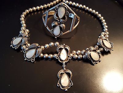 Vintage Navajo Silver Bead and Mother of Pearl Necklace and Bracelet set