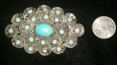 VINTAGE TURQUOISE STERLING SILVER PETIT POINT BROOCH PIN