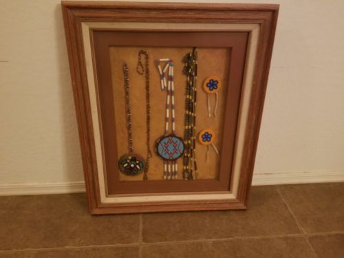 Framed Under Glass Native American Beaded Necklaces And Medallions Multi Color