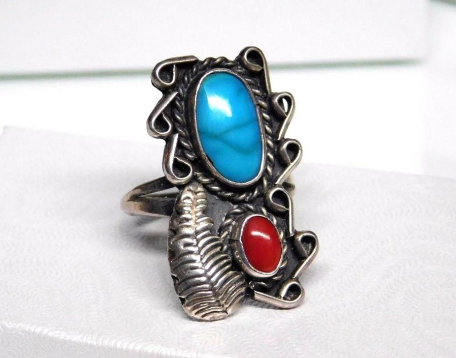 Vintage Navajo Sterling Silver Turquoise Coral Ring Sz 7.25