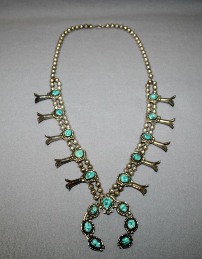 Native American Vintage Sterling Silver Turquoise Squash Blossom Necklace 180 G.