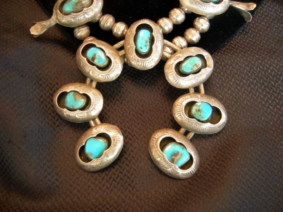 Vintage NAVAJO TURQUOISE STERLING SILVER SQUASH BLOSSOM AND RING  New MExico