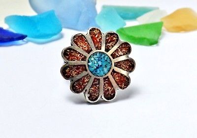 Old Sterling Silver Coral Turquoise Inlay Zuni Cluster Sunface Size 5 Ring