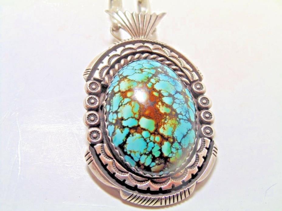Sterling Silver And Turquoise Large Pendant With Sterling Silver Chain Necklace