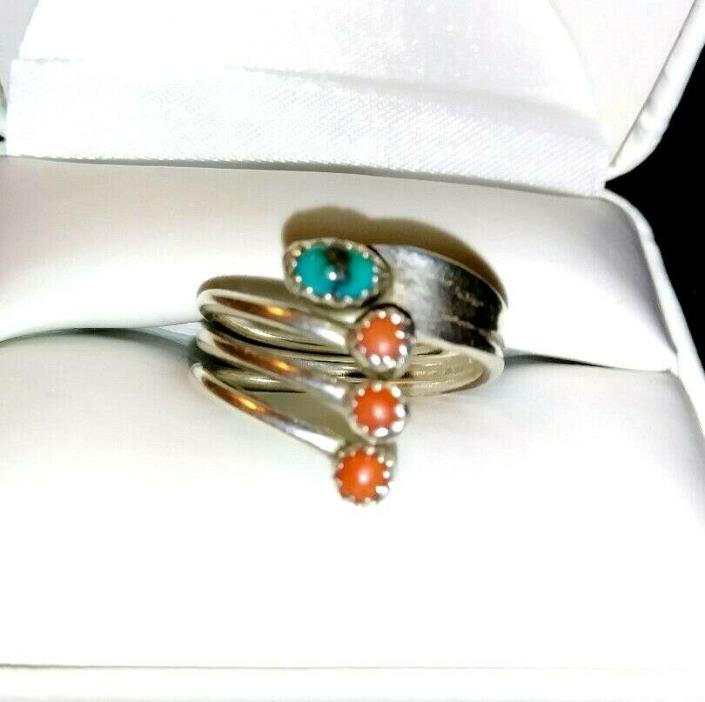Vintage Sterling Silver Turquoise and Coral Bypass Ring