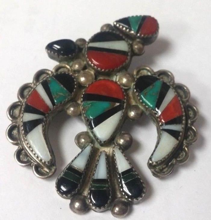 Silver Native Thunderbird with Coral, Black Onyx, and Turquoise Inlay Pin Brooch