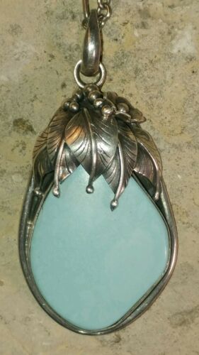 Sterling Silver And Large Robin Egg Blue Turquiose Pendant with unique Leaf top