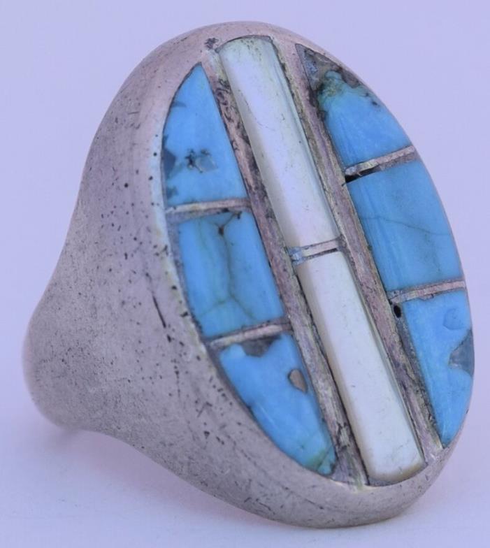 Big heavy Native American Navajo sandcast Sterling Turquoise shell inlay ring