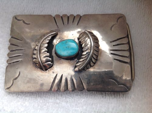 NATIVE AMERICAN STERLING SILVER TURQUOISE BELT BUCKLE