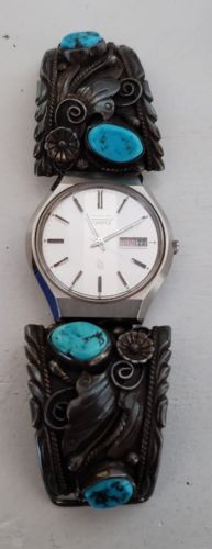 VTG Signed HY Sterling Mens Navajo Turquoise Watch Southwest Traditions CITIZENS