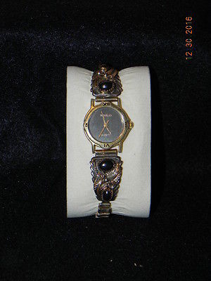 Womens Native American Watch Navajo Quartz marked Sterling with Black stones