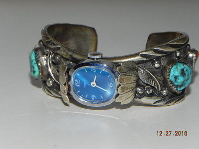 Women's Native American Watch Marked EJ With Feather's, Coral & Turquoise stones