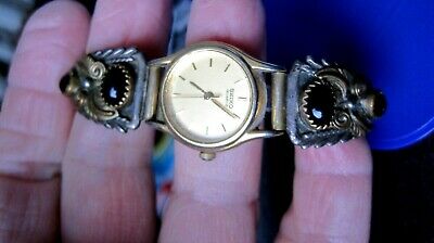 VINTAGE SOUTHWEST STERLING SILVER + GOLD F. +ONYX WATCH ENDS TIPS SEIKO WATCH