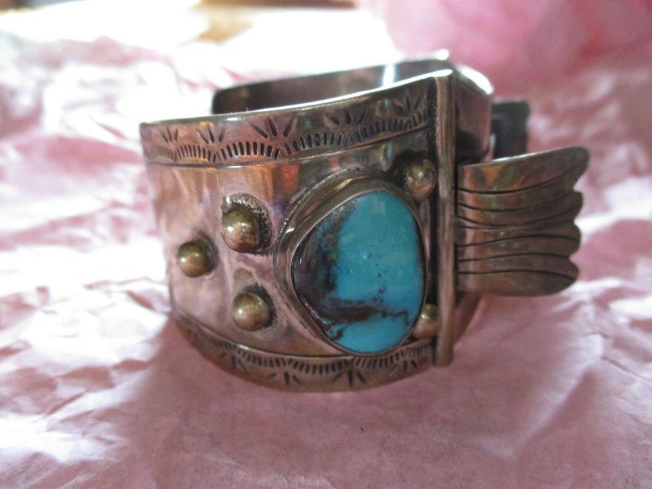 Vintage Turquoise Sterling Silver Cuff Watch Bracelet Native American Indian
