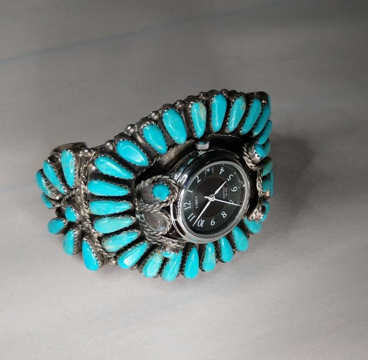 Vintage Zuni Turquoise Petite Point Cluster Cuff Signed w/ New Working Watch