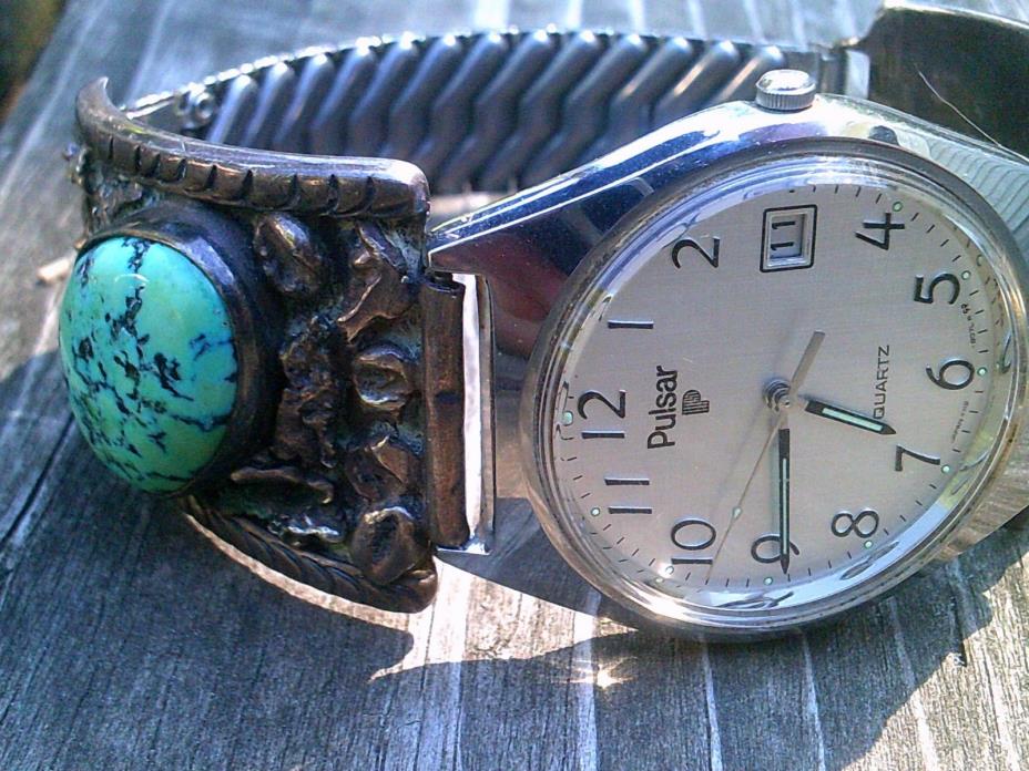 GENUINE TURQUOISE NUGGET  / STERLING SILVER WATCH BAND-SIGNED (& PULSAR WATCH)