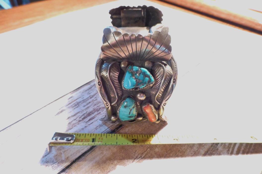 Navajo Watch Cuff by C. Lee, Sterling Silver, Turquoise & Coral